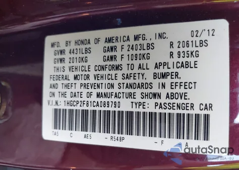 2012 Honda Accord 2.4 Ex-L from USA, damaged, VIN 1HGCP2F81CA089790